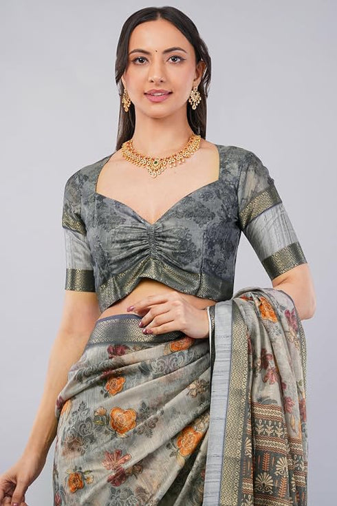 Vasthrlay Grey1 Polyester Saree With Unstitched Blouse Piece