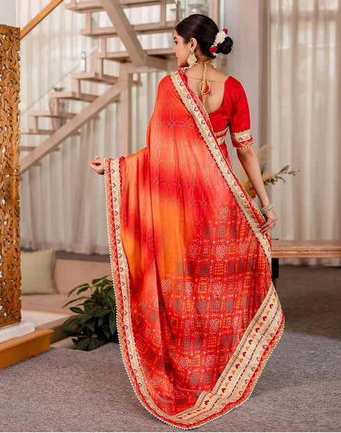 Vasthrlay Bandhani Embroidery Red And Orange Saree With Unstitched Blouse Piece