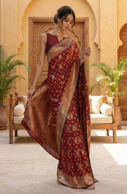 Vasthrlay Maroon Jacquard Floral Saree