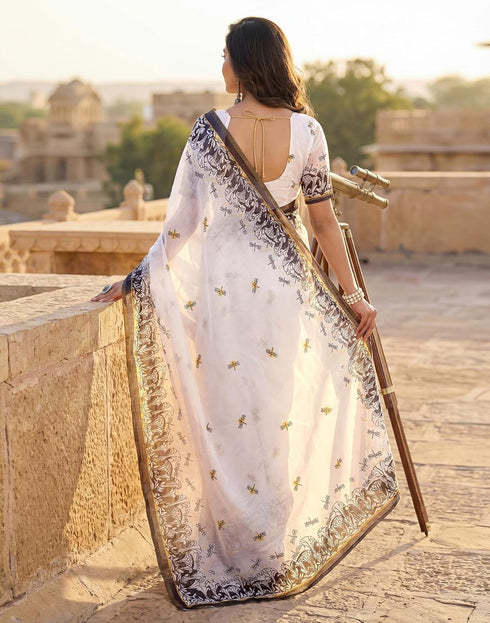 Vasthrlay Womens Printed Unstitched Olive Green Saree