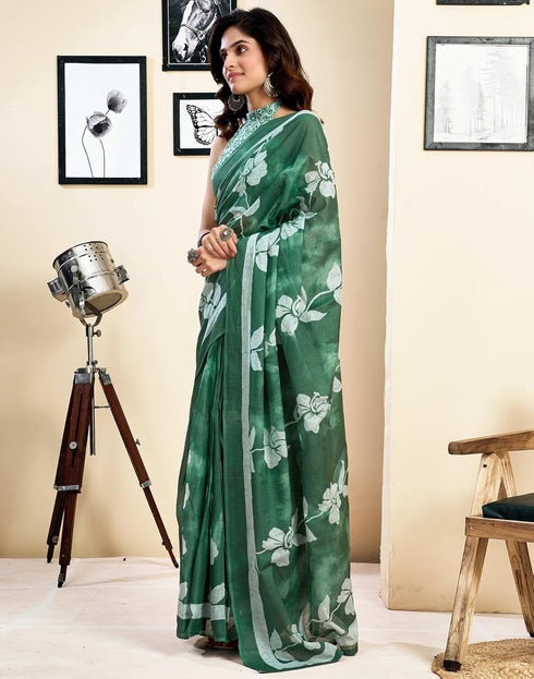 Vasthrlay Womens Printed Unstitched Dark Green Saree
