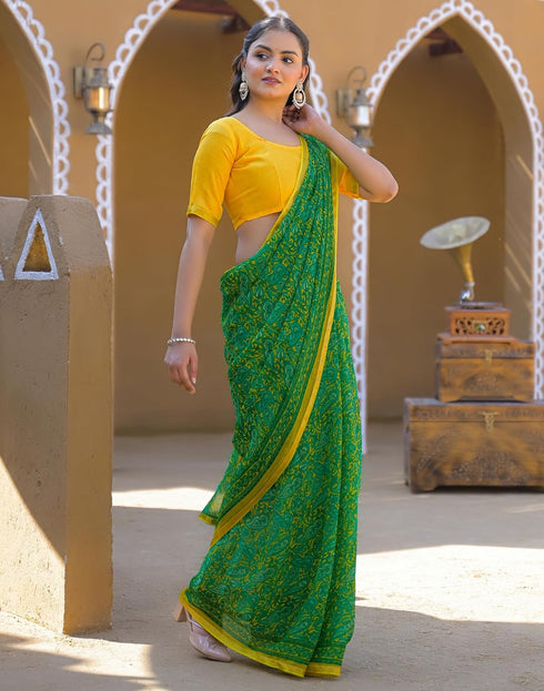 Vasthrlay Chiffon Tassels Unstitched Dark Green Saree