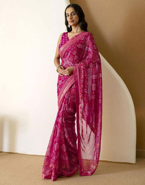 Vasthrlay Georgette Bandhani Unstitched Maroon Saree