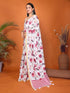 Vasthrlay White Linen Floral| Striped| Check Design Printed Saree With Solid Unstitched Linen Blouse Piece