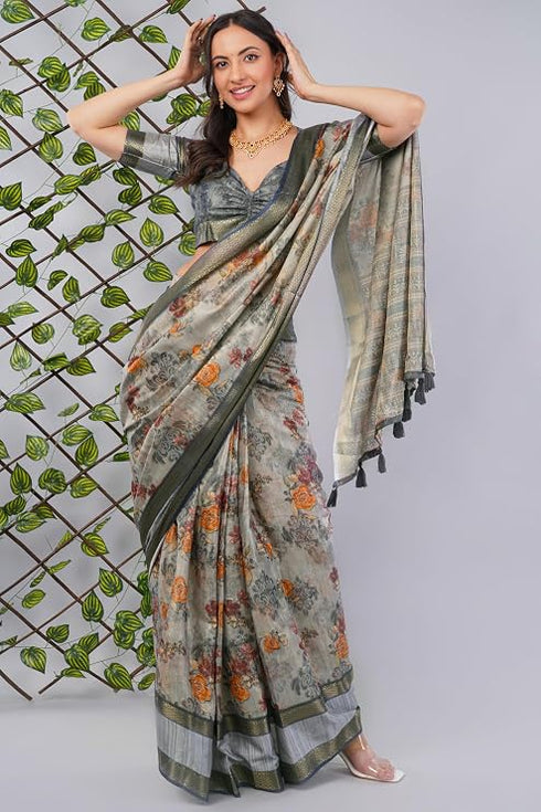 Vasthrlay Womens Silver Grey Polyester Floral Ready To Wear Saree