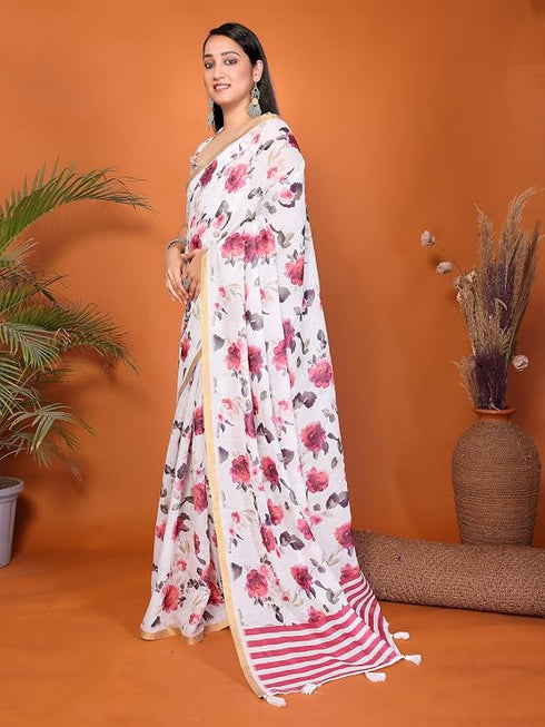 Vasthrlay White Linen Floral | Striped | Check Design Printed Saree With Solid Unstitched Linen Blouse Piece