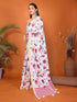 Vasthrlay White Linen Floral | Striped | Check Design Printed Saree With Solid Unstitched Linen Blouse Piece