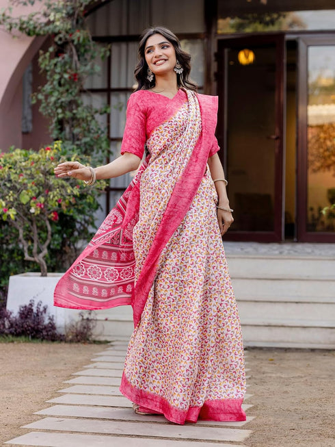 Vasthrlay Womens Printed Unstitched White Saree