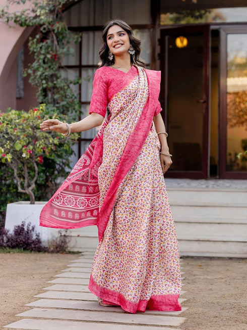 Vasthrlay Womens Printed Pink Saree With Unstitched Blouse Piece