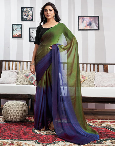 Vasthrlay Womens Chiffon Green Saree With Black Unstitched Blouse Piece