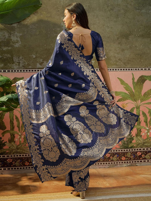Vasthrlay Banarasi Jacquard Unstitched Navy Blue Saree