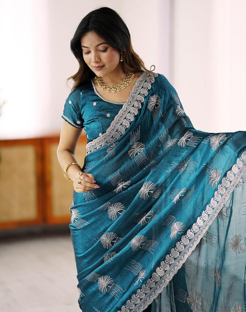 Vasthrlay Scalloped Embroidery Unstitched Lime Green Saree
