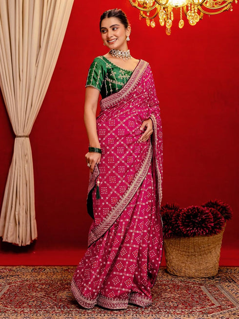 Vasthrlay Printed Bandhani Unstitched Dark Green Saree