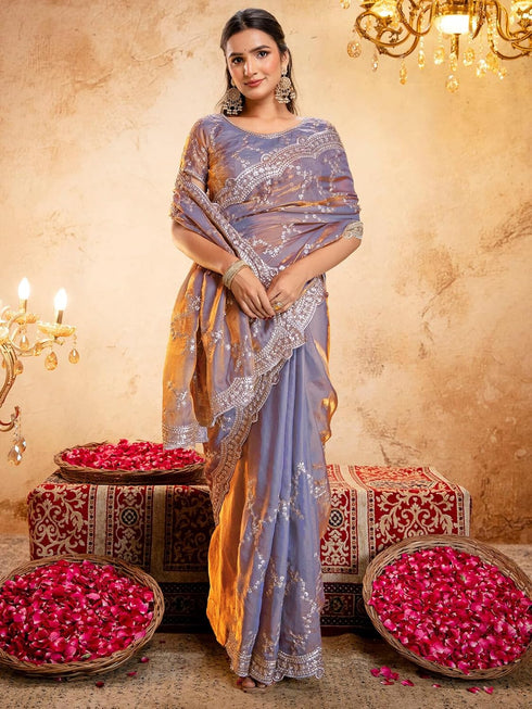 Vasthrlay Scalloped Embroidery Unstitched Light Green Saree