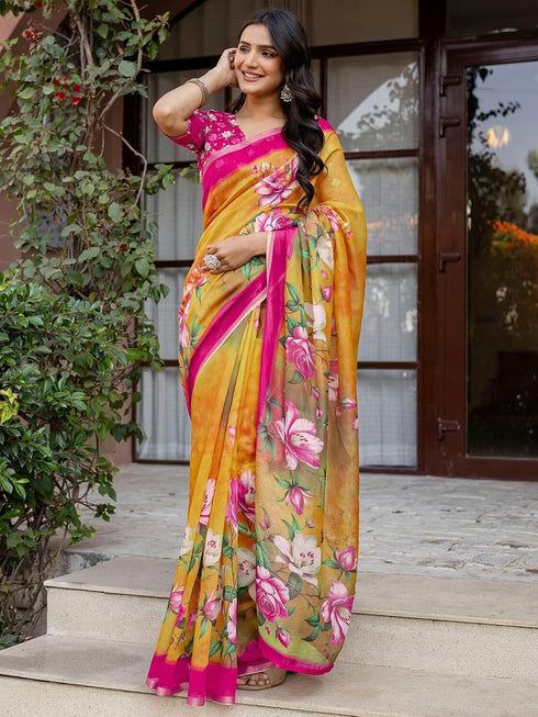 Vasthrlay Womens Printed Unstitched Multicolor Saree