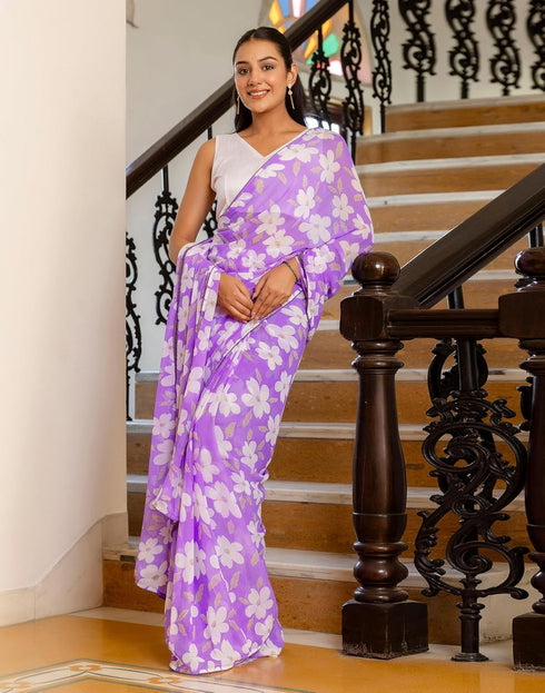 Vasthrlay Georgette Printed Unstitched Lavender Saree