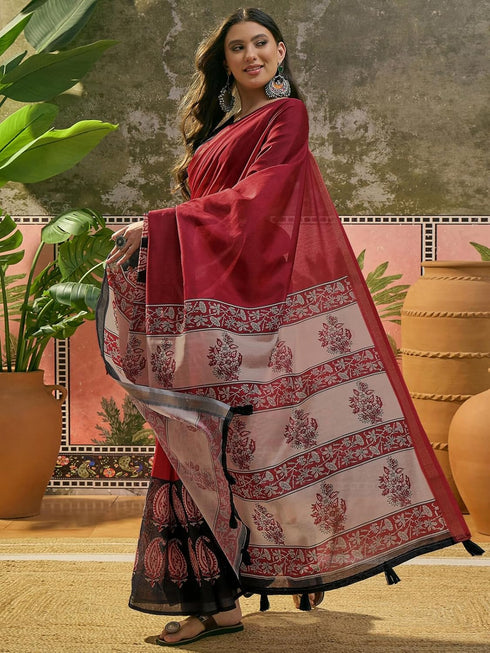 Vasthrlay Geometric Printed Unstitched Black Saree