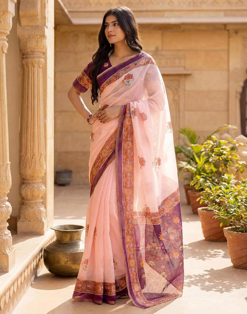 Vasthrlay Womens Printed Unstitched Peach Saree
