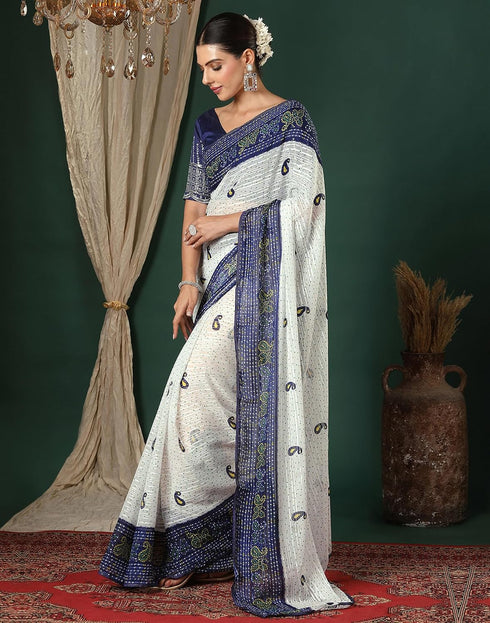 Vasthrlay Georgette Bandhani White And Blue Saree With Unstitched Blouse Piece