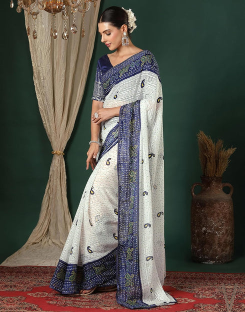 Vasthrlay Georgette Bandhani Unstitched White Saree