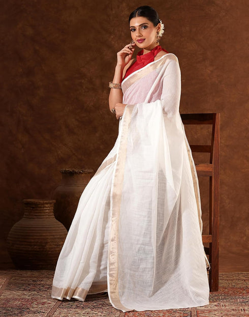 Vasthrlay Womens Cotton White Saree With Red Unstitched Blouse Piece