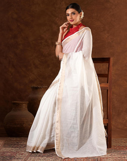 Vasthrlay Womens Cotton Unstitched White Saree