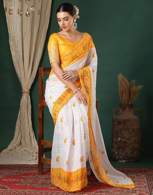 Vasthrlay Georgette Bandhani Unstitched White Saree