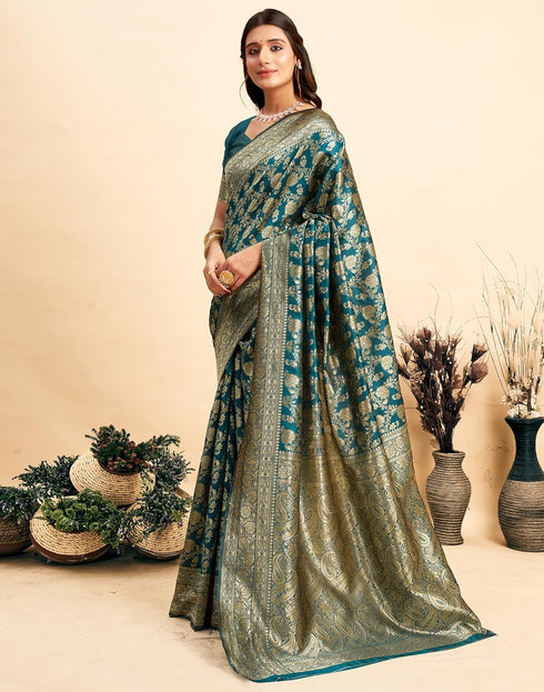 Vasthrlay Womens Banarasi Unstitched Olive Green Saree