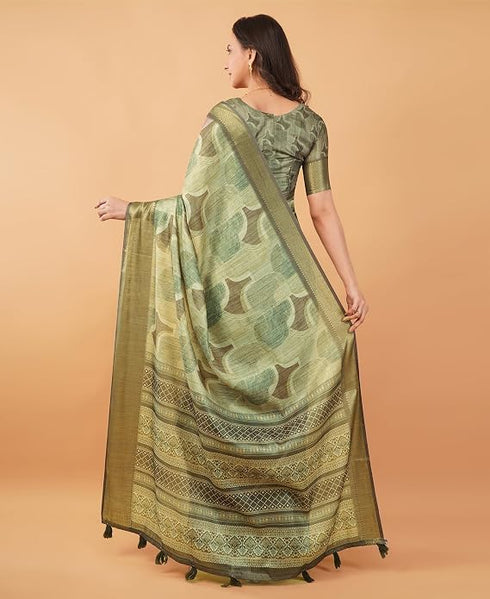 Vasthrlay Slate Lavender Geometric Print Polyester Saree With Dull Gold Zari Border And Unstitched Blouse Piece