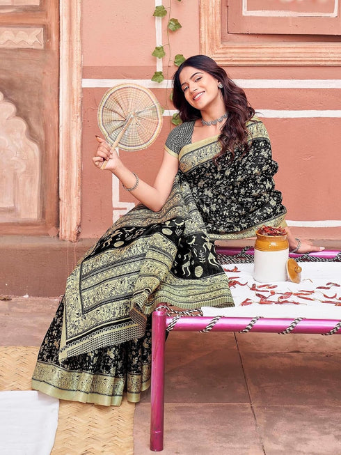 Vasthrlay Womens Printed Black Saree With Unstitched Blouse Piece