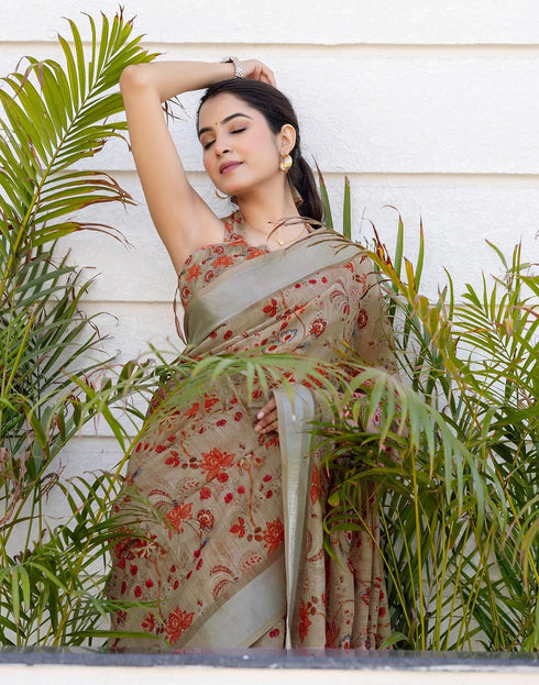 Vasthrlay Womens Printed Unstitched Cream Saree