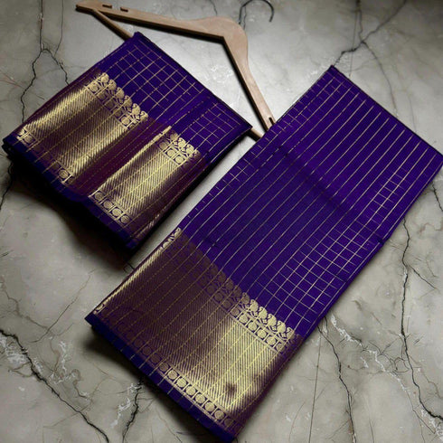 Vasthrlay Royal Purple Banarasi Silk Saree with Gold Zari Checked Weave| Rich Woven Border