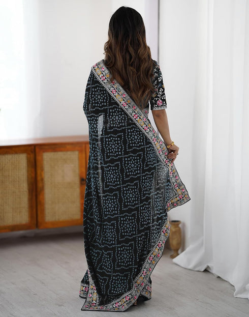 Vasthrlay Georgette Embroidery Black Multicolour Saree With Unstitched Blouse Piece