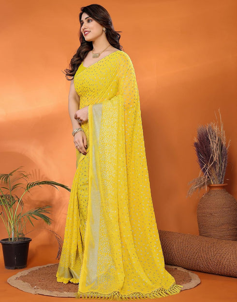 Vasthrlay Georgette Weaving Yellow Saree With Unstitched Blouse Piece