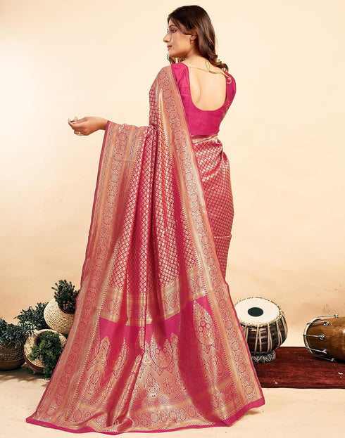 Vasthrlay Kanjivaram Banarasi Wedding Pink Saree With Unstitched Blouse Piece