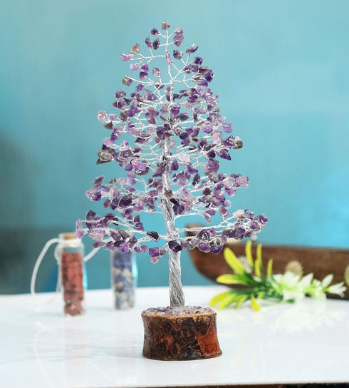 Pushkar Amethyst Crystal Tree With Silver Wire And 100 Beads 10-12 Inch