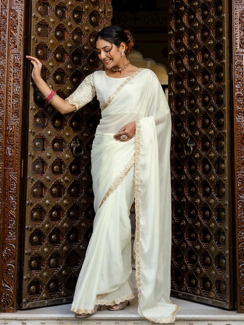 Vasthrlay Sequins Embroidery Unstitched Maroon Saree