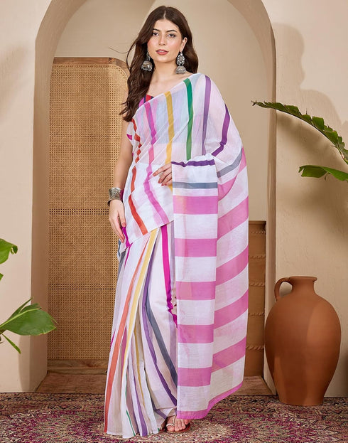 Vasthrlay Womens Printed Unstitched White Saree