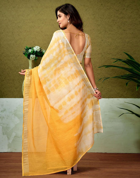 Vasthrlay Womens Cotton Printed White And Yellow Saree With Unstitched Blouse Piece