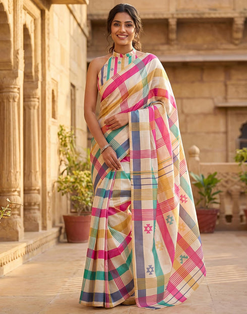Vasthrlay Chanderi Printed Unstitched Beige Saree