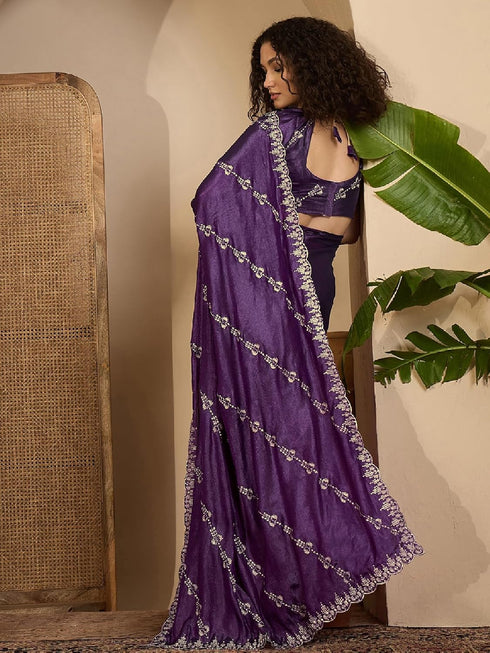 Vasthrlay Scalloped Embroidery Purple Saree