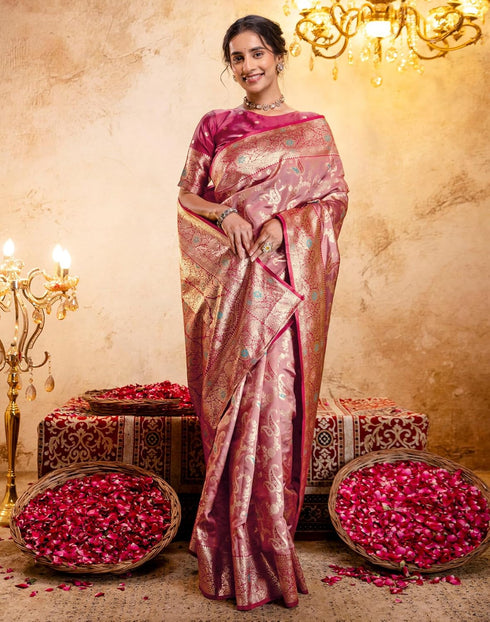 Vasthrlay Jacquard Banarasi Unstitched Mustard Saree