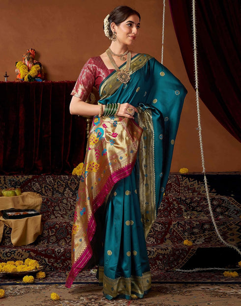 Vasthrlay Womens Paithani Bright Pink Saree With Unstitched Blouse Piece