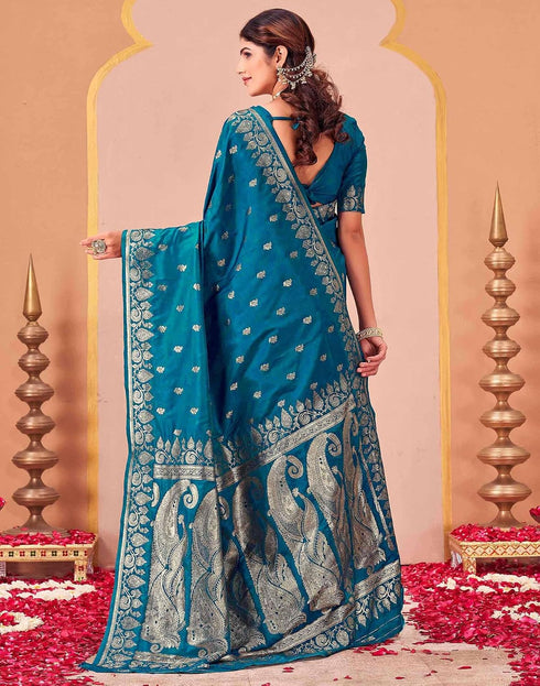 Vasthrlay Kanjivaram Jacquard Teal Blue Saree With Unstitched Blouse Piece