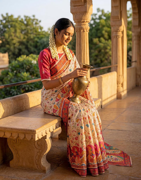 Vasthrlay Banglori Printed Beige | Multi Saree With Red Unstitched Blouse Piece