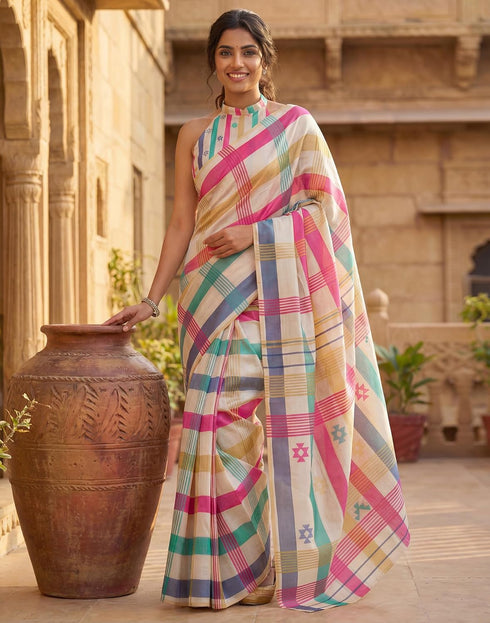 Vasthrlay Chanderi Printed Unstitched Beige Saree