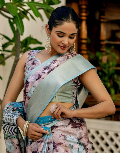 Vasthrlay Womens Printed Unstitched Beige Saree