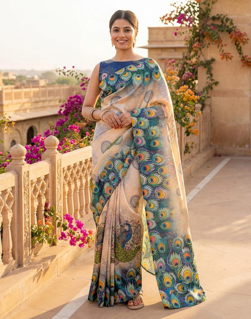 Vasthrlay Womens Printed Unstitched Navy Blue Saree