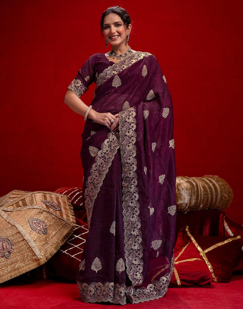 Vasthrlay Embroidery Scalloped Unstitched Maroon Saree