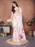 Vasthrlay Off White1 Leaf Print Organza Saree With Mustard Piping And Ruched Sleeveless Unstitched Blouse Piece